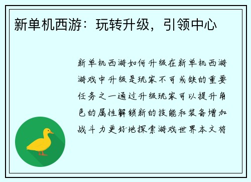 新单机西游：玩转升级，引领中心